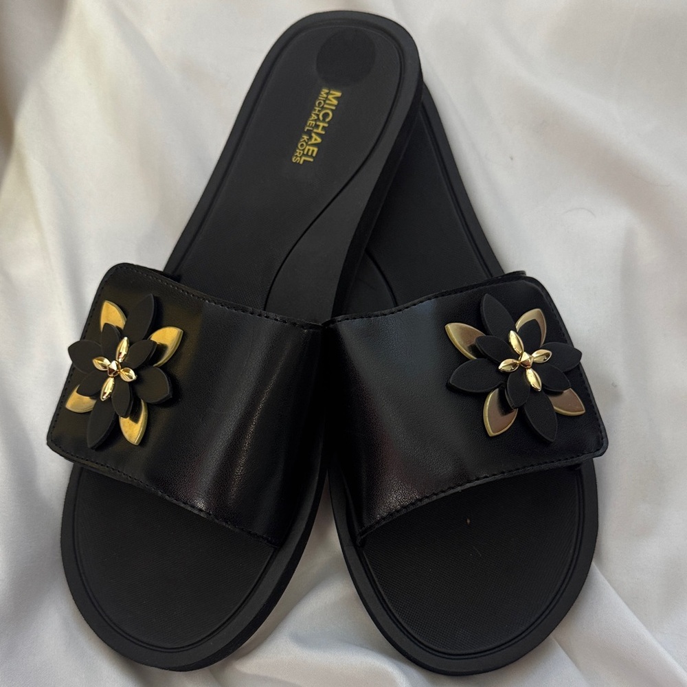 Michael Kors Black Heidi Slide  Sandals with Gold Floral Detail 10 New with Box